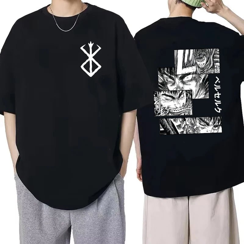 Japan Anime Berserk T-Shirt Guts Print Graphic Tee Men's 90s Summer Short Sleeve Casual Manga Dark Fantasy Black Swordsman Style - Clothesfassion.store