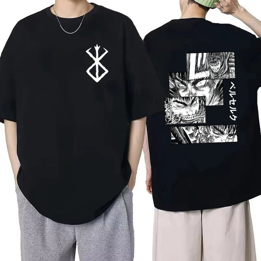Japan Anime Berserk T-Shirt Guts Print Graphic Tee Men's 90s Summer Short Sleeve Casual Manga Dark Fantasy Black Swordsman Style - Clothesfassion.store