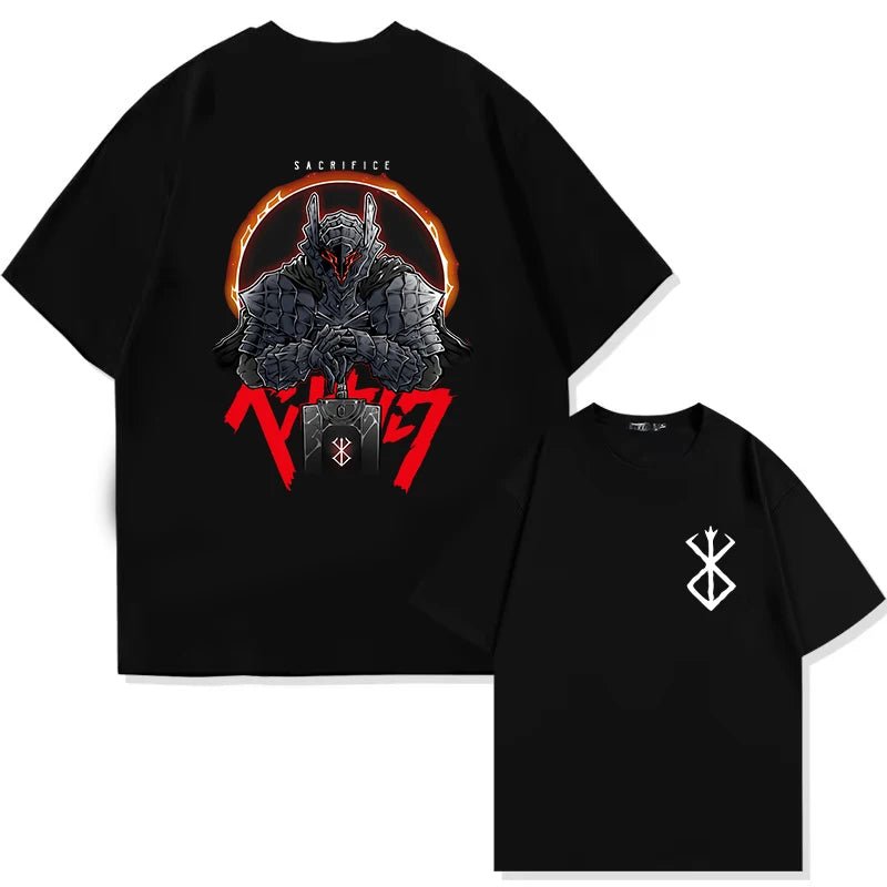 Japan Anime Berserk T-Shirt Guts Print Graphic Tee Men's 90s Summer Short Sleeve Casual Manga Dark Fantasy Black Swordsman Style - Clothesfassion.store