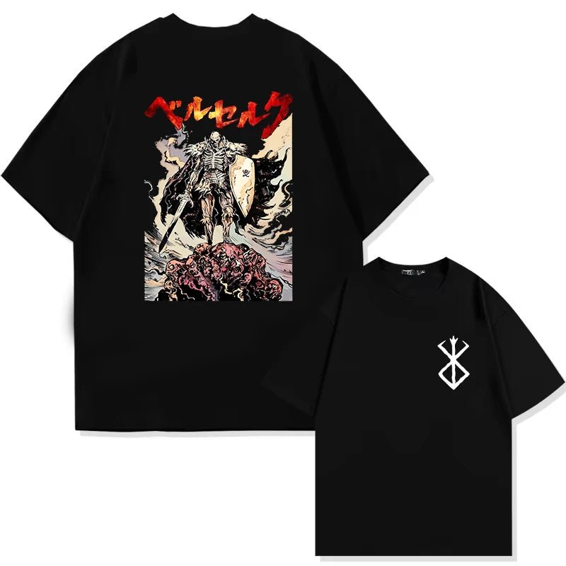 Japan Anime Berserk T-Shirt Guts Print Graphic Tee Men's 90s Summer Short Sleeve Casual Manga Dark Fantasy Black Swordsman Style - Clothesfassion.store