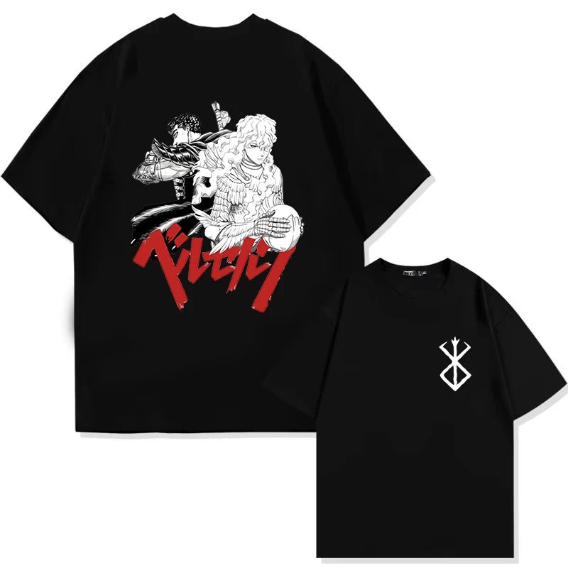 Japan Anime Berserk T-Shirt Guts Print Graphic Tee Men's 90s Summer Short Sleeve Casual Manga Dark Fantasy Black Swordsman Style - Clothesfassion.store
