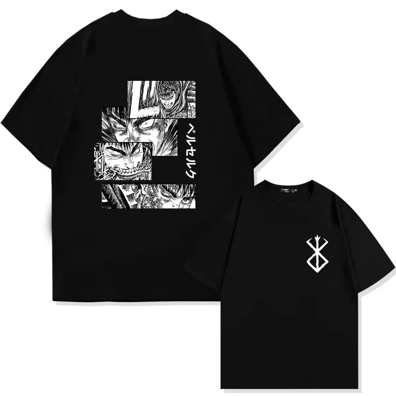 Japan Anime Berserk T-Shirt Guts Print Graphic Tee Men's 90s Summer Short Sleeve Casual Manga Dark Fantasy Black Swordsman Style - Clothesfassion.store