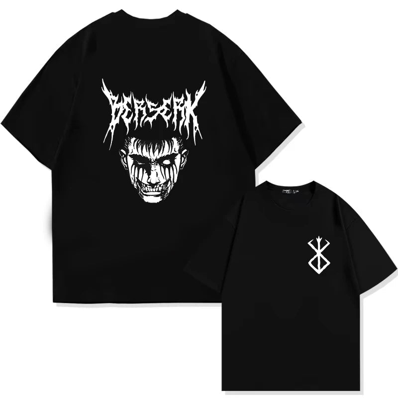 Japan Anime Berserk T-Shirt Guts Print Graphic Tee Men's 90s Summer Short Sleeve Casual Manga Dark Fantasy Black Swordsman Style - Clothesfassion.store