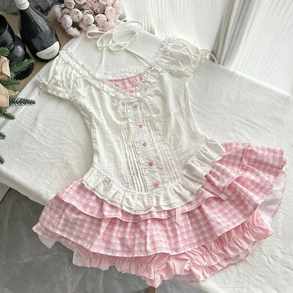 Japanese Kawaii Lolita Elegant 2 Piece Sets Women Pink Y2k Bow Design Mini Skirt Suit Female Princess Sweet Chic Outfits Summer - Clothesfassion.store
