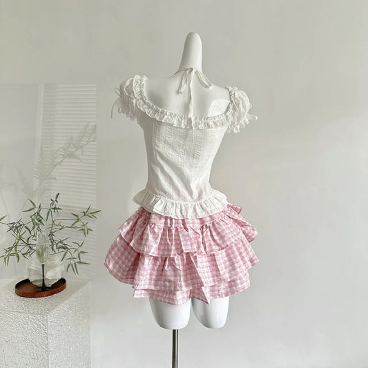 Japanese Kawaii Lolita Elegant 2 Piece Sets Women Pink Y2k Bow Design Mini Skirt Suit Female Princess Sweet Chic Outfits Summer - Clothesfassion.store