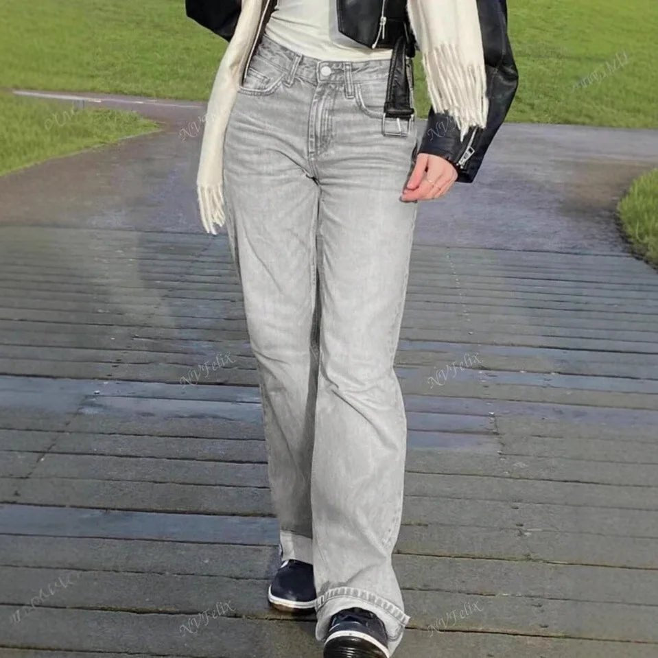 Jeans Women Straight Pants Denims Washed High Waist Distressed Pockets Female 2025 Streetwear Vintage Full Length Trousers - Clothesfassion.store