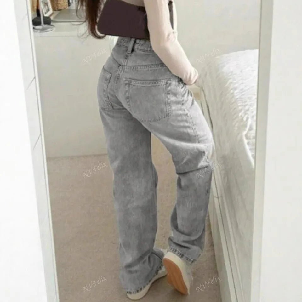 Jeans Women Straight Pants Denims Washed High Waist Distressed Pockets Female 2025 Streetwear Vintage Full Length Trousers - Clothesfassion.store