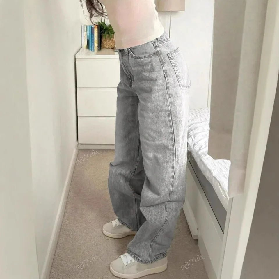 Jeans Women Straight Pants Denims Washed High Waist Distressed Pockets Female 2025 Streetwear Vintage Full Length Trousers - Clothesfassion.store