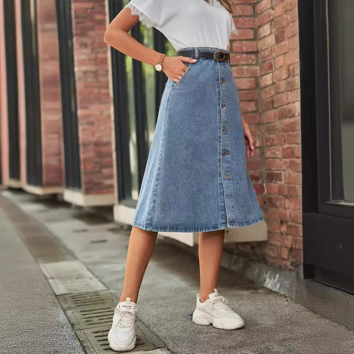 Knee Length Skirts Denim Slim Fit Women Skirt Wrap Buttocks Zipper Fly Sexy High Waist Spliced Distressed Vintage Sashes - Clothesfassion.store