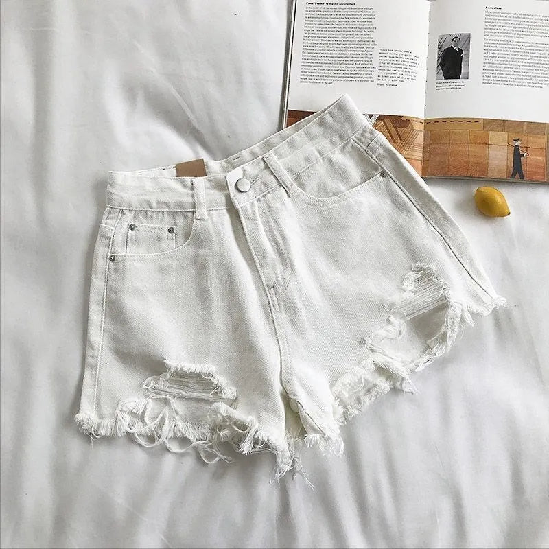 Korean Denim Shorts Women Summer Fashion Casual High Waist Ripped Jeans Pocket Tassel Y2K Hot Pants Streetwear Blue Trousers - Clothesfassion.store