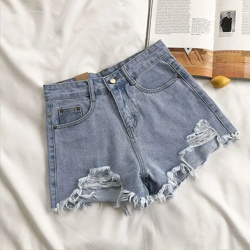 Korean Denim Shorts Women Summer Fashion Casual High Waist Ripped Jeans Pocket Tassel Y2K Hot Pants Streetwear Blue Trousers - Clothesfassion.store