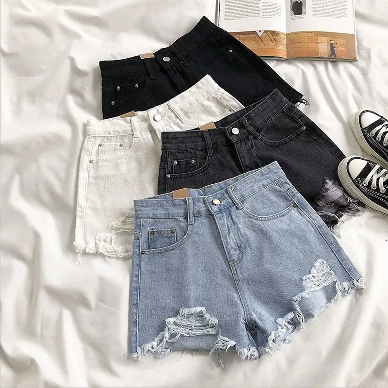 Korean Denim Shorts Women Summer Fashion Casual High Waist Ripped Jeans Pocket Tassel Y2K Hot Pants Streetwear Blue Trousers - Clothesfassion.store