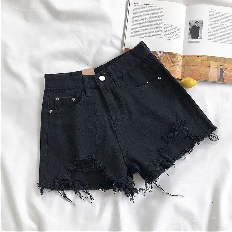 Korean Denim Shorts Women Summer Fashion Casual High Waist Ripped Jeans Pocket Tassel Y2K Hot Pants Streetwear Blue Trousers - Clothesfassion.store