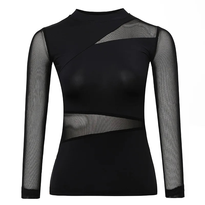 Ladies Dance Tops For Women Ballroom Latin Yoga Crop Tops Shirt Adult Female Sexy Mesh Mid - sleeve Blouse Dance New Black Clothes - Clothesfassion.store