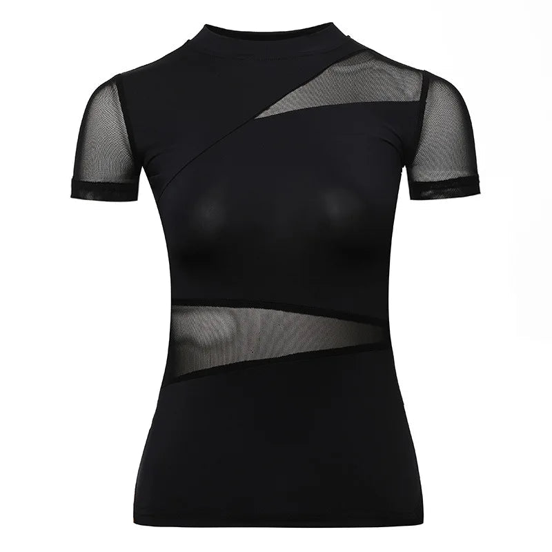 Ladies Dance Tops For Women Ballroom Latin Yoga Crop Tops Shirt Adult Female Sexy Mesh Mid - sleeve Blouse Dance New Black Clothes - Clothesfassion.store
