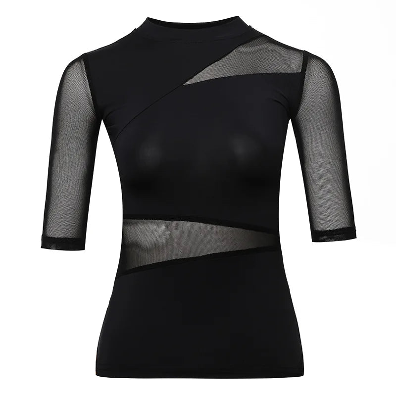 Ladies Dance Tops For Women Ballroom Latin Yoga Crop Tops Shirt Adult Female Sexy Mesh Mid - sleeve Blouse Dance New Black Clothes - Clothesfassion.store