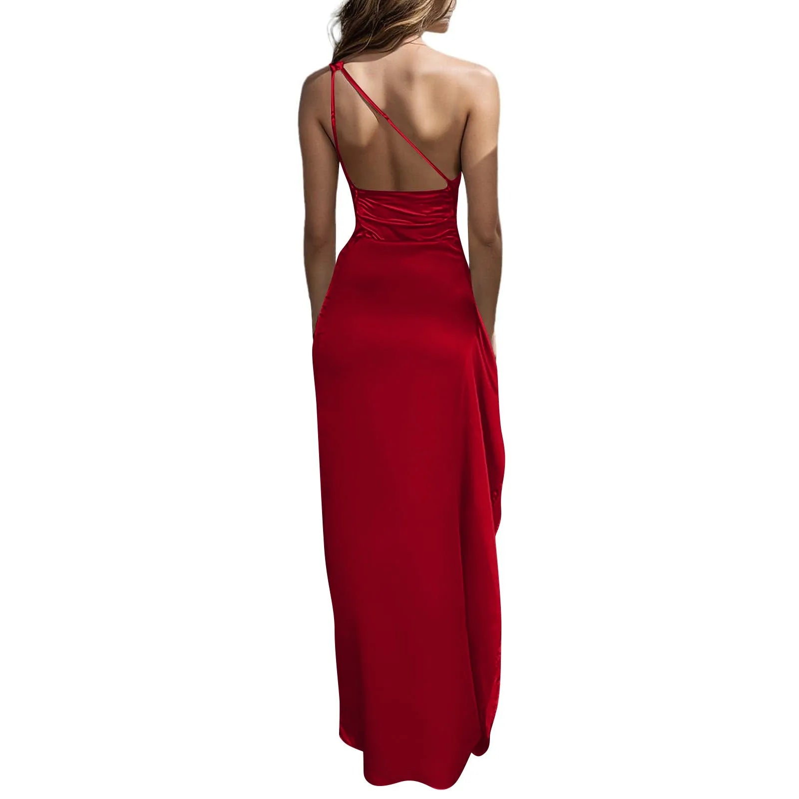Ladies' High Split Pleated Cocktail Wedding Party Dress High - end Sexy Tight One Shoulder Satin Prom Dress Bridesmaid Clothes - Clothesfassion.store