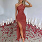 Ladies' High Split Pleated Cocktail Wedding Party Dress High - end Sexy Tight One Shoulder Satin Prom Dress Bridesmaid Clothes - Clothesfassion.store