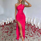 Ladies' High Split Pleated Cocktail Wedding Party Dress High - end Sexy Tight One Shoulder Satin Prom Dress Bridesmaid Clothes - Clothesfassion.store