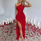 Ladies' High Split Pleated Cocktail Wedding Party Dress High - end Sexy Tight One Shoulder Satin Prom Dress Bridesmaid Clothes - Clothesfassion.store