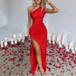 Ladies' High Split Pleated Cocktail Wedding Party Dress High - end Sexy Tight One Shoulder Satin Prom Dress Bridesmaid Clothes - Clothesfassion.store