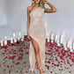 Ladies' High Split Pleated Cocktail Wedding Party Dress High - end Sexy Tight One Shoulder Satin Prom Dress Bridesmaid Clothes - Clothesfassion.store