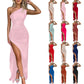 Ladies' High Split Pleated Cocktail Wedding Party Dress High - end Sexy Tight One Shoulder Satin Prom Dress Bridesmaid Clothes - Clothesfassion.store