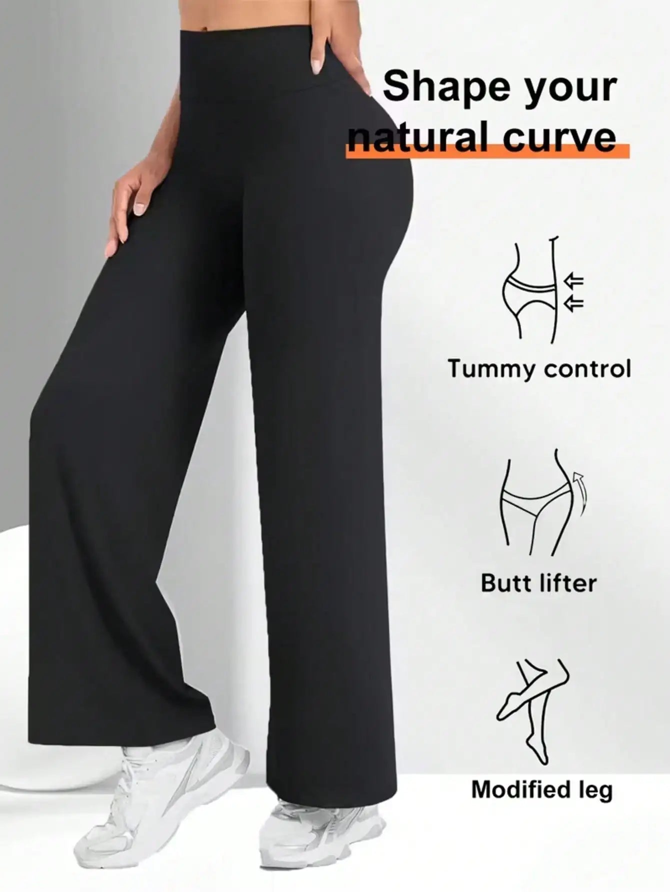 Ladies' high waisted elastic fabric elastic waistband solid color wide leg yoga pants pants, suitable for outdoor fitness - Clothesfassion.store