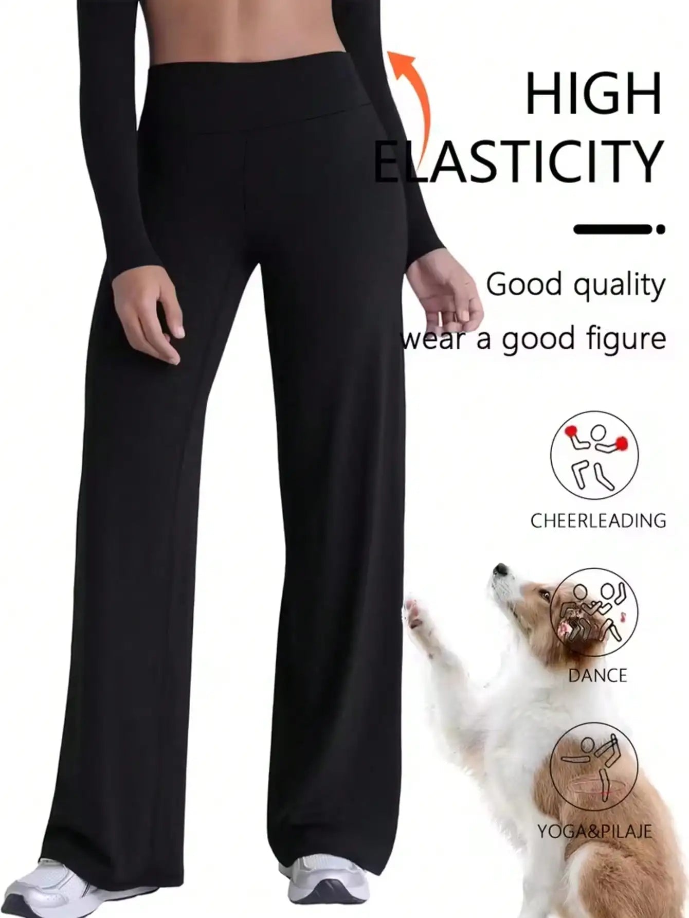 Ladies' high waisted elastic fabric elastic waistband solid color wide leg yoga pants pants, suitable for outdoor fitness - Clothesfassion.store