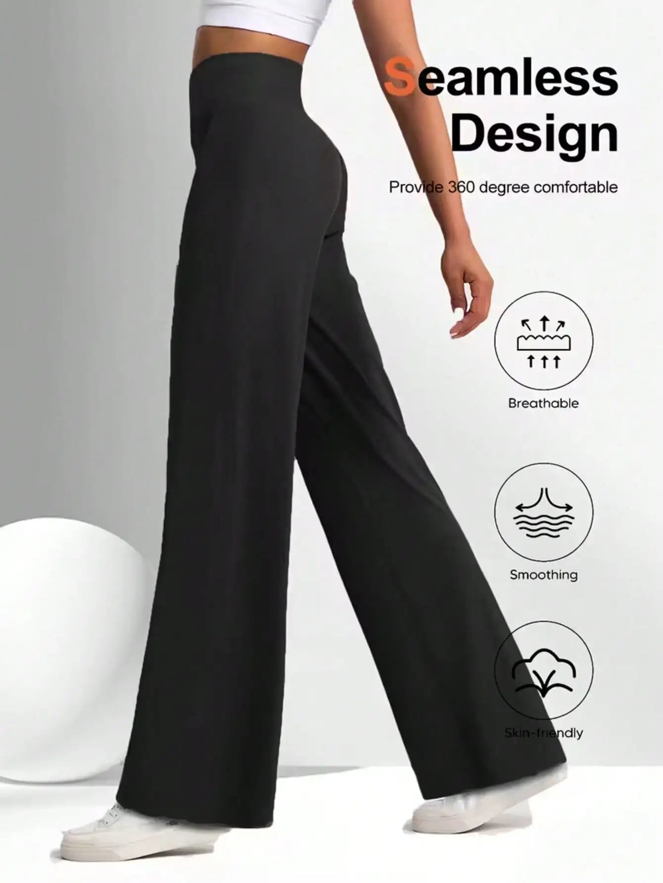 Ladies' high waisted elastic fabric elastic waistband solid color wide leg yoga pants pants, suitable for outdoor fitness - Clothesfassion.store