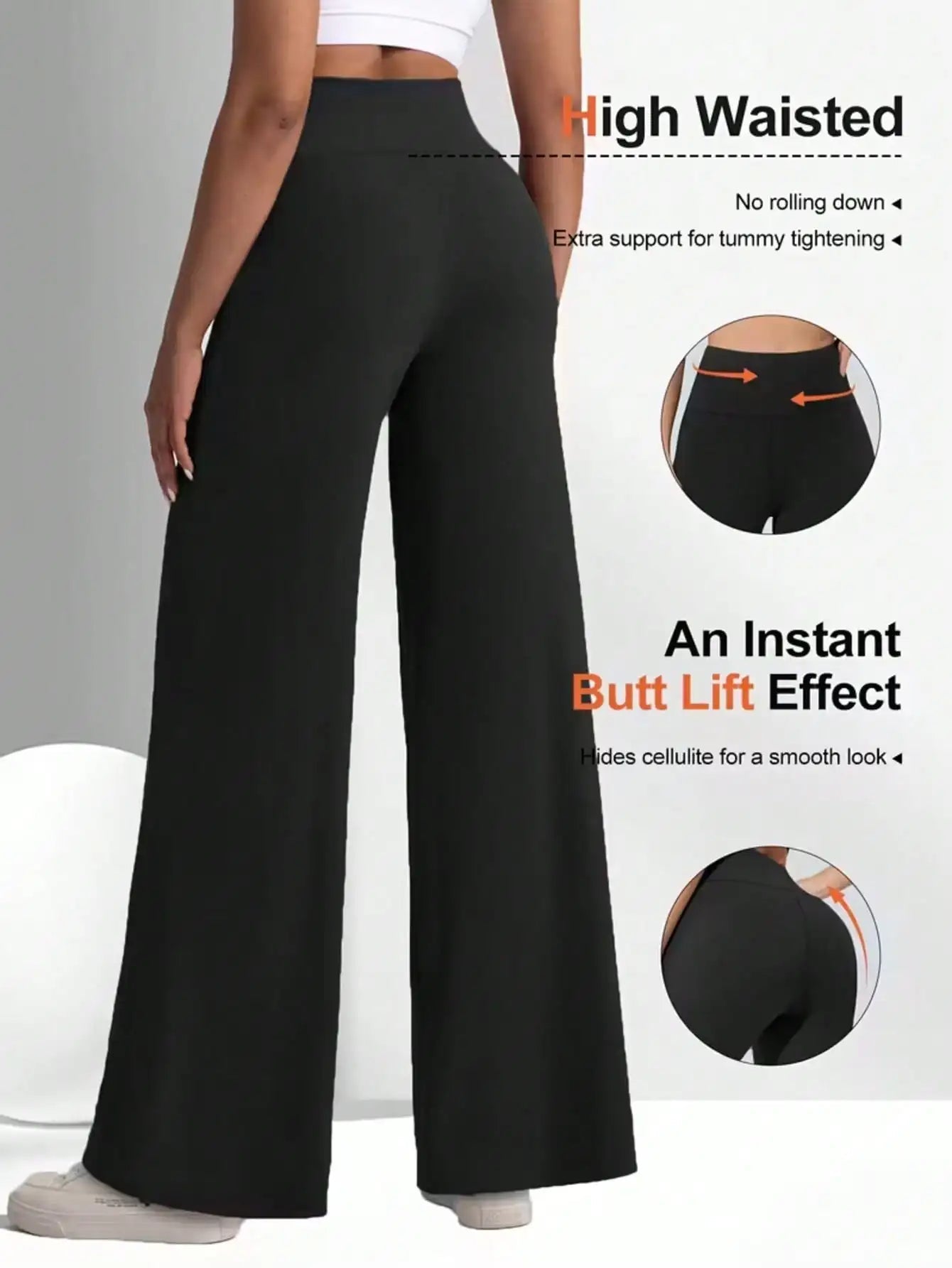 Ladies' high waisted elastic fabric elastic waistband solid color wide leg yoga pants pants, suitable for outdoor fitness - Clothesfassion.store
