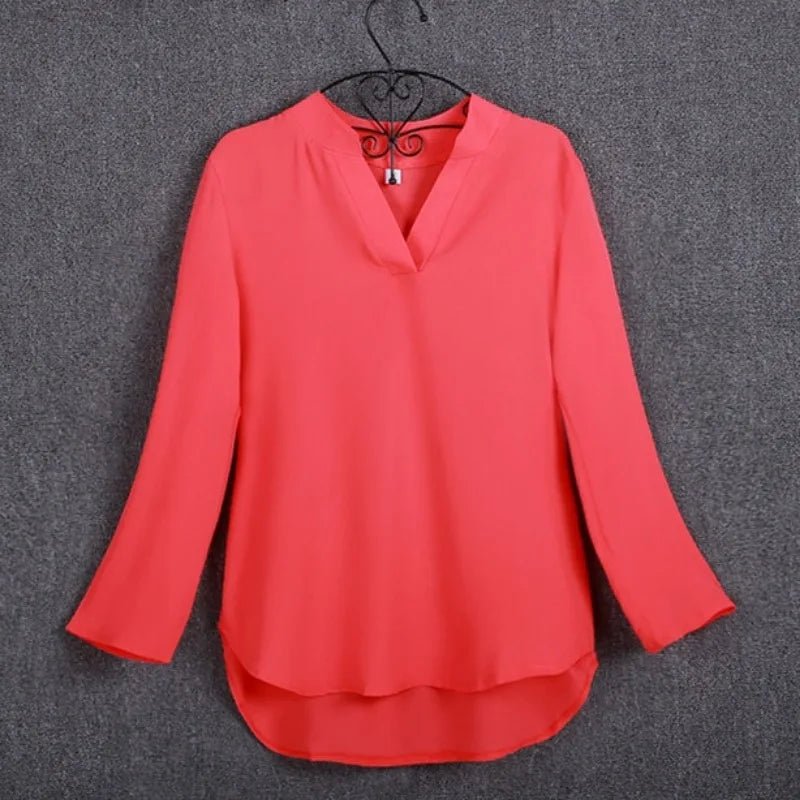 Large size 5XL blouse long - sleeved V - neck elegant ladies chiffon shirt top fashion office work shirt - Clothesfassion.store