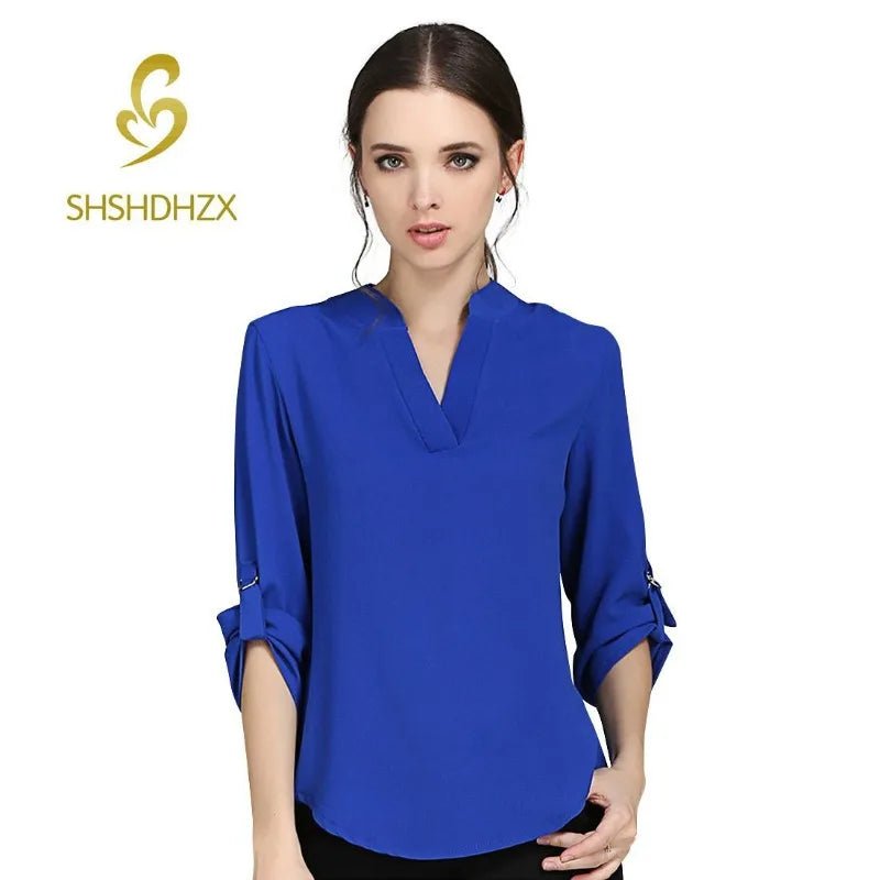 Large size 5XL blouse long - sleeved V - neck elegant ladies chiffon shirt top fashion office work shirt - Clothesfassion.store