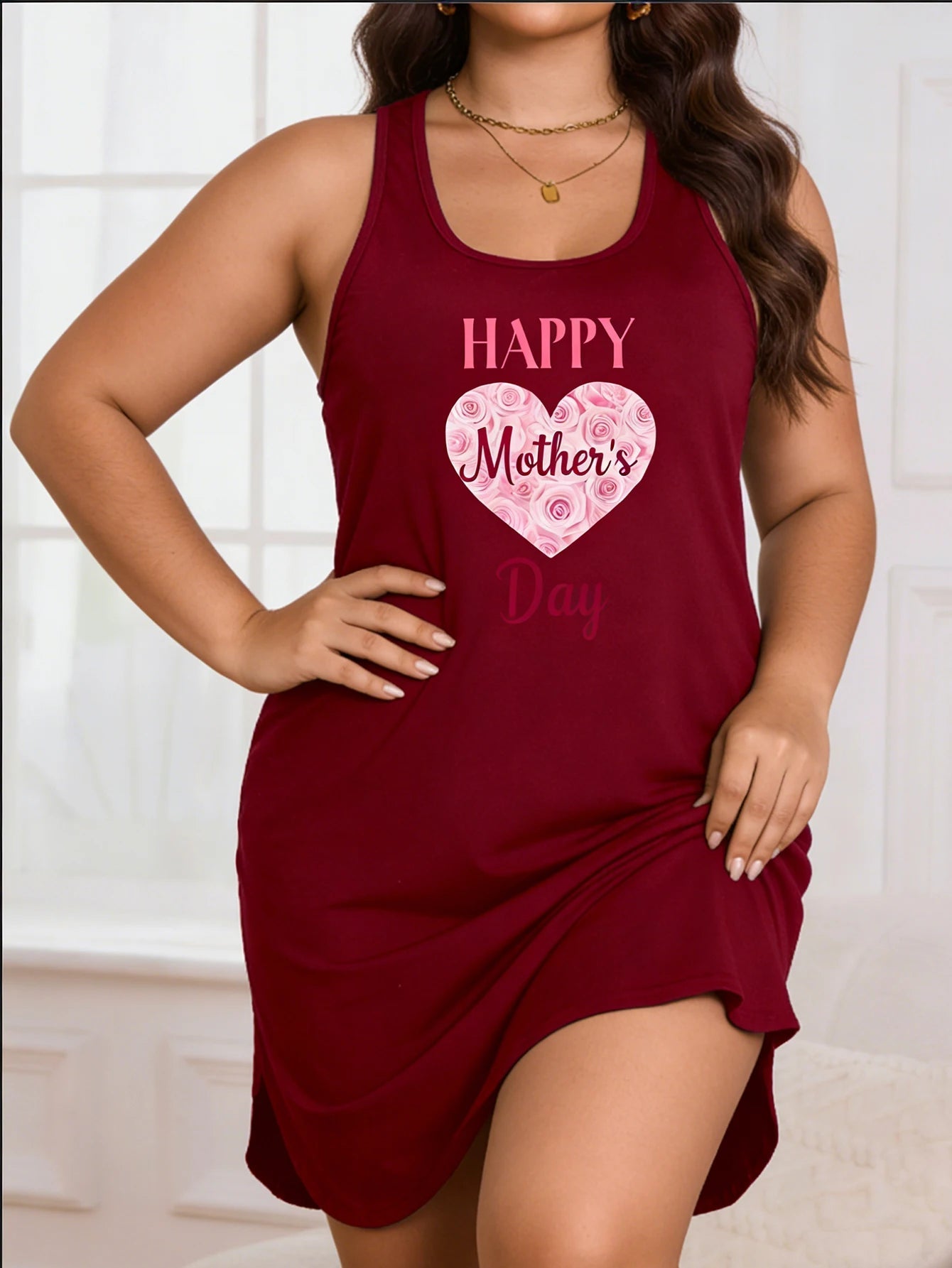 Large - size lady's Mother's Day printed sleeveless dress - Soft and casual, machine washable all seasons, round neck design - Clothesfassion.store