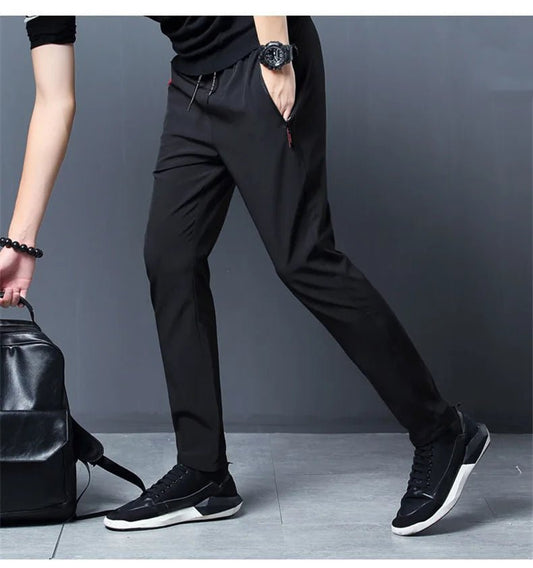 Large Size Men's Summer Pants Big Size Ice Silk Stretch Breathable Straight Leg Pants 6XL Quick Dry Elastic Band Black Trousers - Clothesfassion.store
