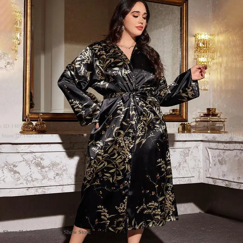 Large Size Women Long Robe Home Clothes New Print Cherry Kimono Bathrobe Gown Loose Silk Rayon Sleepwear Loungewear 3XL 4XL 5XL - Clothesfassion.store