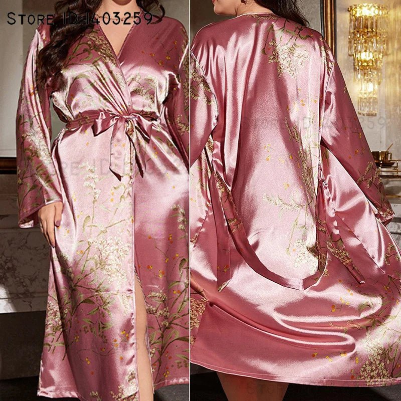 Large Size Women Long Robe Home Clothes New Print Cherry Kimono Bathrobe Gown Loose Silk Rayon Sleepwear Loungewear 3XL 4XL 5XL - Clothesfassion.store