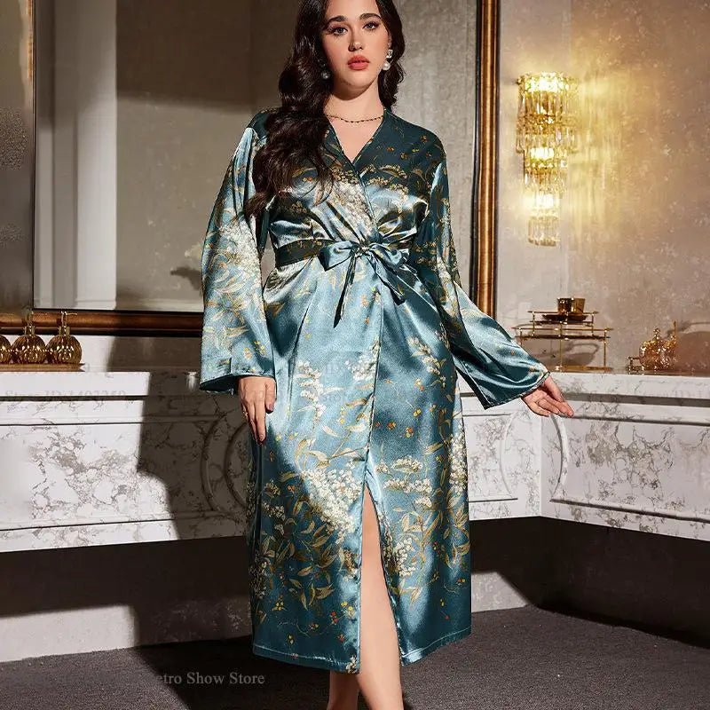 Large Size Women Long Robe Home Clothes New Print Cherry Kimono Bathrobe Gown Loose Silk Rayon Sleepwear Loungewear 3XL 4XL 5XL - Clothesfassion.store