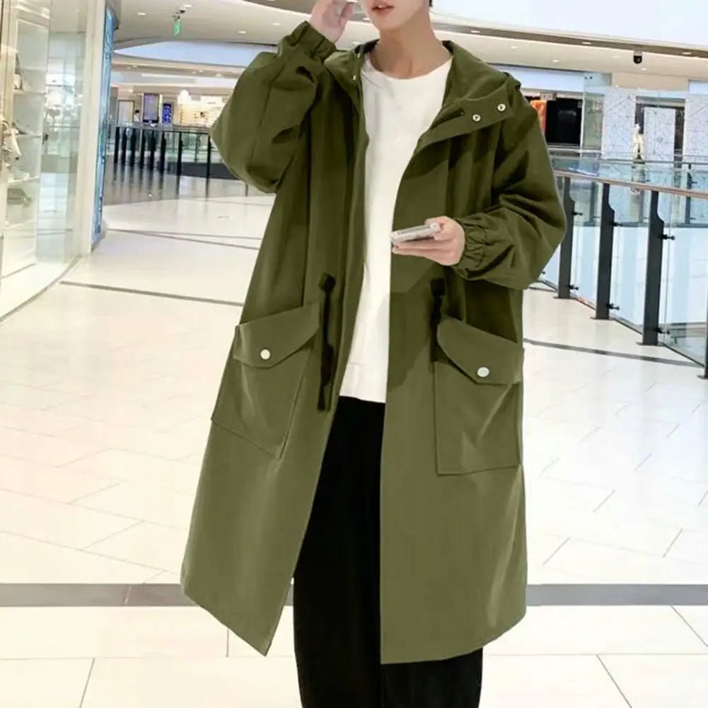 Long Trench Coat Jacket Men Autumn Spring Black Hip Hop Japanese Coats Streetwear Male Hooded Green Khaki Casual Jackets - Clothesfassion.store