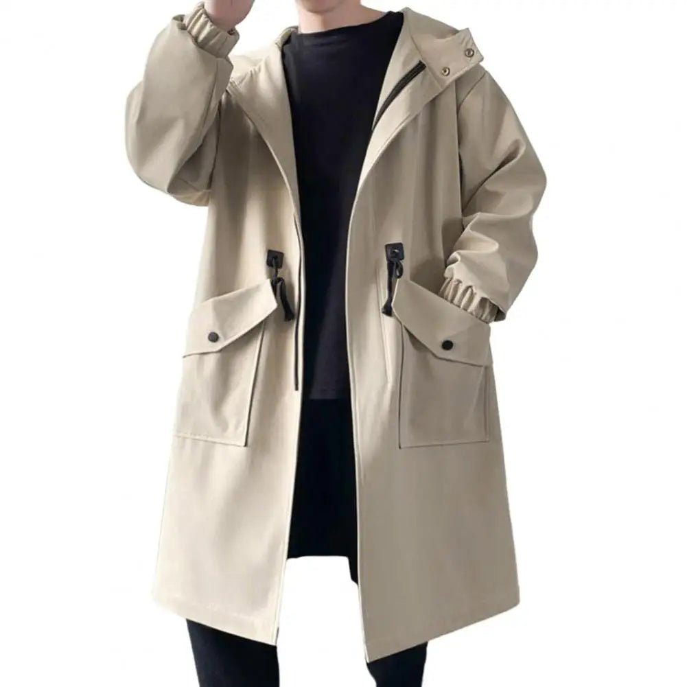 Long Trench Coat Jacket Men Autumn Spring Black Hip Hop Japanese Coats Streetwear Male Hooded Green Khaki Casual Jackets - Clothesfassion.store
