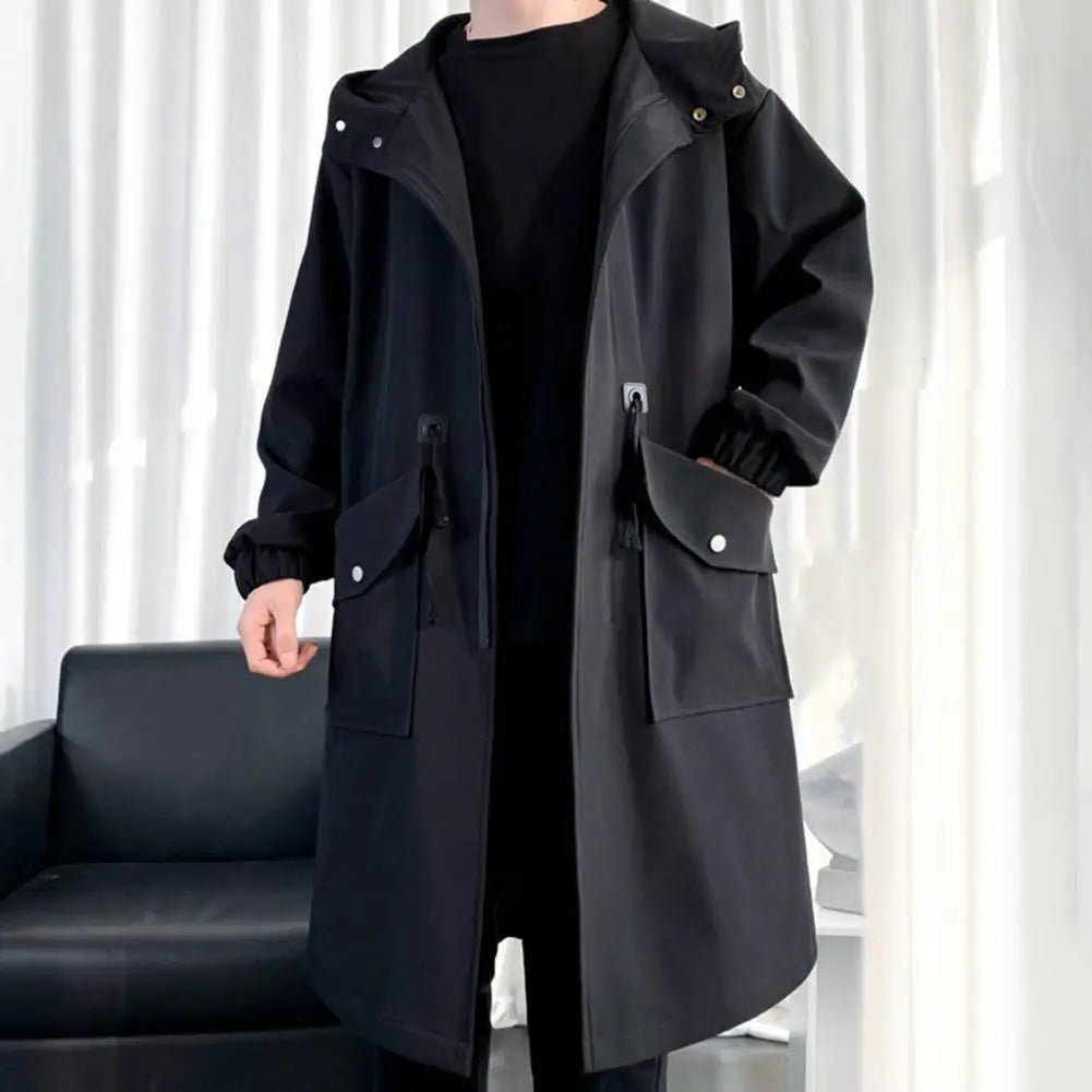Long Trench Coat Jacket Men Autumn Spring Black Hip Hop Japanese Coats Streetwear Male Hooded Green Khaki Casual Jackets - Clothesfassion.store