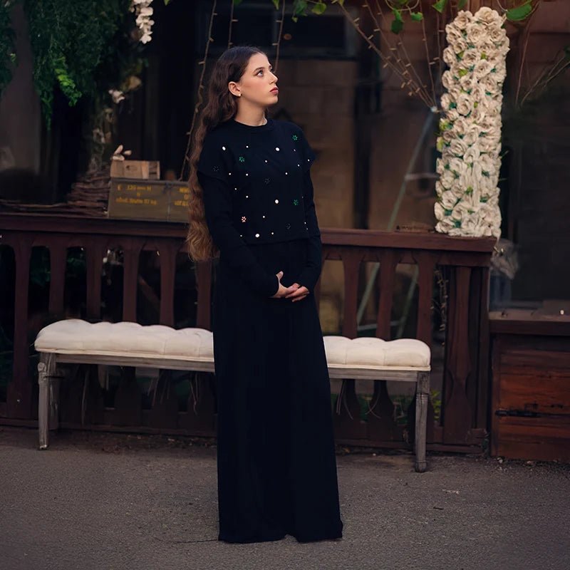 Maxi dress women long sleeve lady dresses flowers and pearls top causual dress round neck black modal ribbed top sizes XS - XXXL - Clothesfassion.store