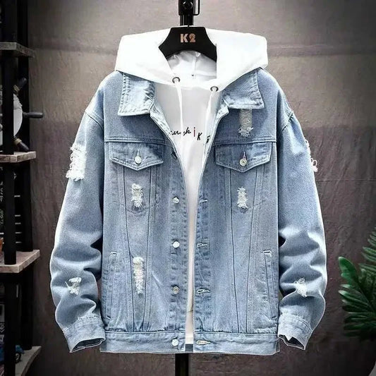 Men Denim Jacket 2025 Ripped Hole Single Breasted Coats Spliced Outerwear Jackets Pockets Casual Loose Washed Distressed - Clothesfassion.store
