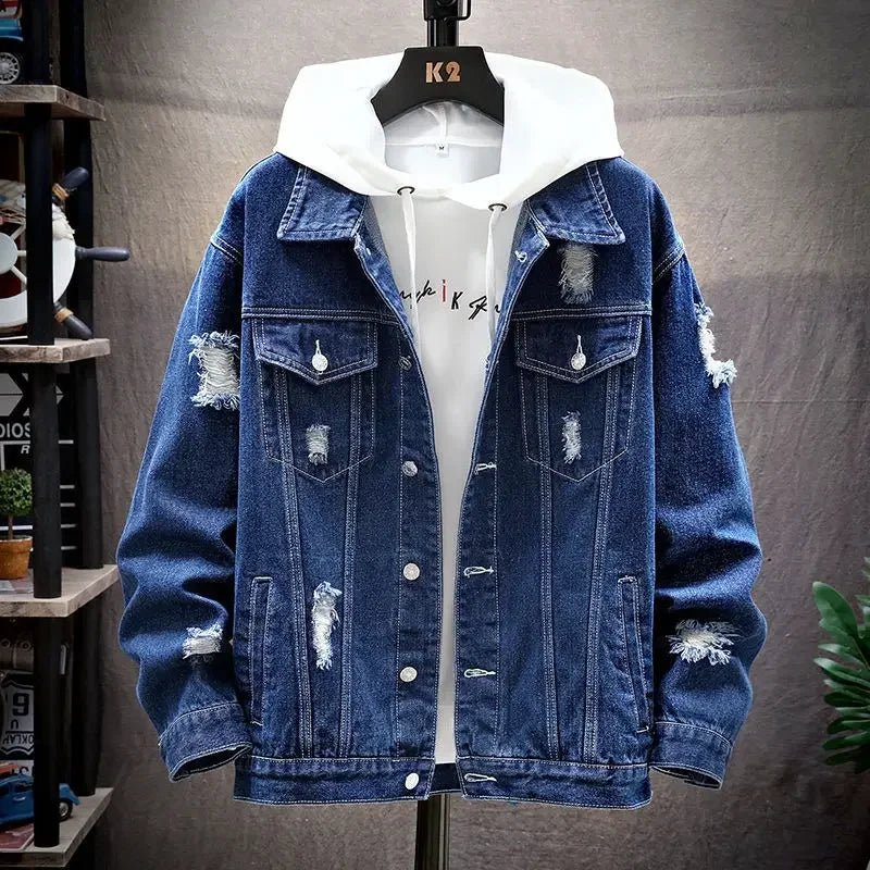Men Denim Jacket 2025 Ripped Hole Single Breasted Coats Spliced Outerwear Jackets Pockets Casual Loose Washed Distressed - Clothesfassion.store