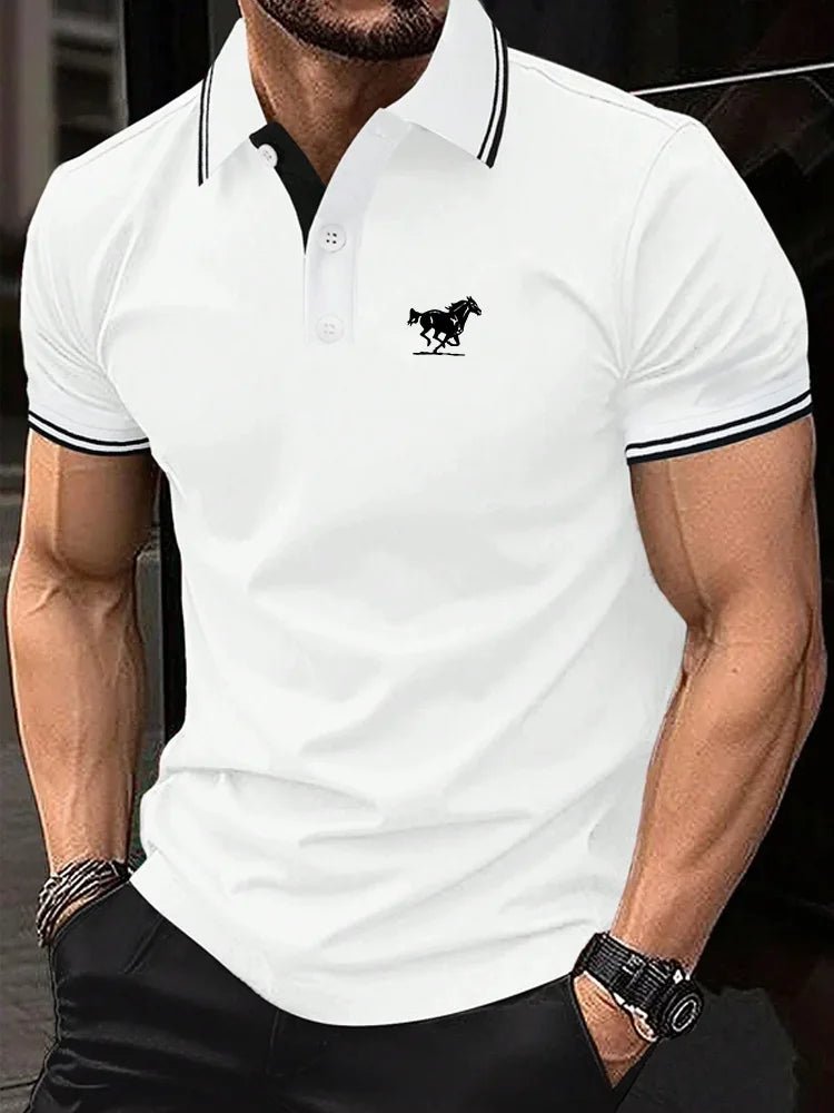 Men Horse Print Striped Trim Polo Shirt Short Sleeve Basic Modern Solid Color Golf Shirt Men's Clothing - Clothesfassion.store