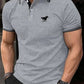 Men Horse Print Striped Trim Polo Shirt Short Sleeve Basic Modern Solid Color Golf Shirt Men's Clothing - Clothesfassion.store