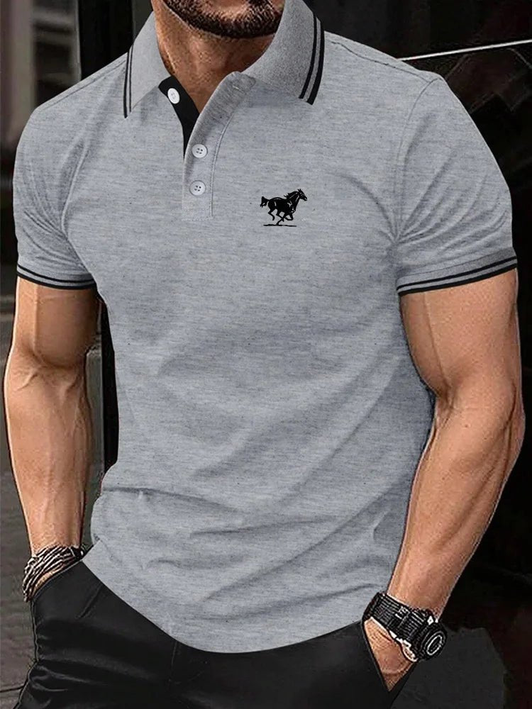 Men Horse Print Striped Trim Polo Shirt Short Sleeve Basic Modern Solid Color Golf Shirt Men's Clothing - Clothesfassion.store