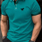 Men Horse Print Striped Trim Polo Shirt Short Sleeve Basic Modern Solid Color Golf Shirt Men's Clothing - Clothesfassion.store