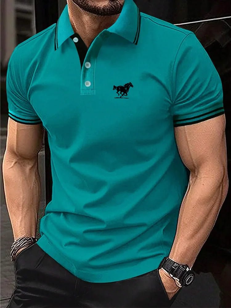 Men Horse Print Striped Trim Polo Shirt Short Sleeve Basic Modern Solid Color Golf Shirt Men's Clothing - Clothesfassion.store