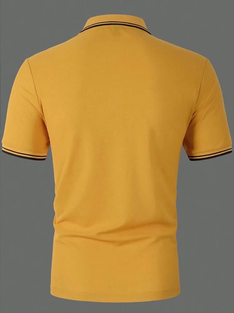 Men Horse Print Striped Trim Polo Shirt Short Sleeve Basic Modern Solid Color Golf Shirt Men's Clothing - Clothesfassion.store